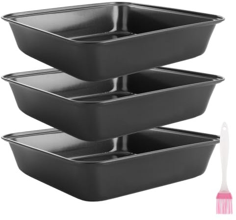 VIDETOL 3 Pcs Non Stick Oven Baking Tray, Square Deep Heavy Duty Carbon Steel Oven Tray with Oil Brush, PFOA Free Roasting Tin Pans for Baking Food, Black