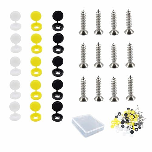XWYDZ 60 Pcs Number Plate Screw Caps, Numbers Plate Screws and Caps, Number Plate Screws - 304 Stainless Steel Car License Plate Fixing Kit, Black/White/Yellow (10 Each)