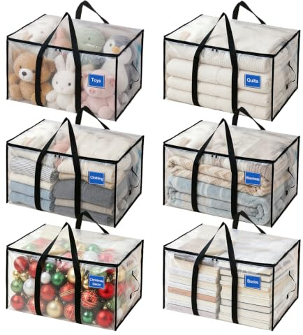 6 Pack Clothes Storage Bags with Zips, 94L Heavy Duty Clear Moving Bags | Large Storage Bags with Label Holder for Clothes Duvets Blankets, Under Bed Packing Bags for Dorm, Garage & Seasonal Storage