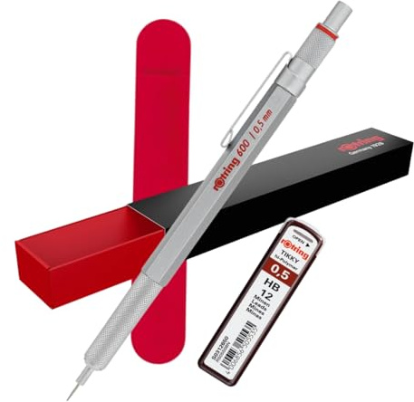 rOtring 600 Druckbleistifte & Samthülle & 12 Nachfüllminen | 0,5 mm | Silberner Ganzmetallkörper Drehbleistift | Rutschfester gerändelter Griff & sechseckiger Schaft