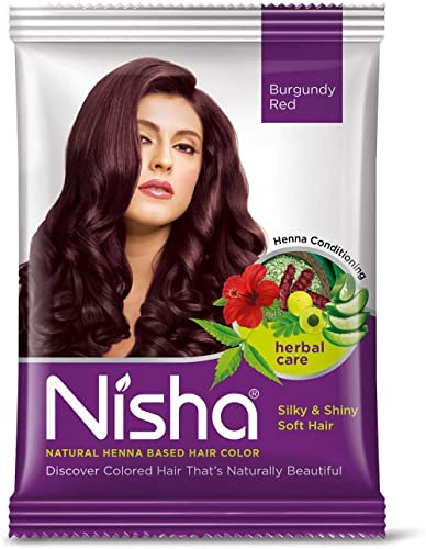 Nisha Henna Haarfarbe Rot Burgunder 12er Pack | Natürliche Pflanzenhaarfarbe mit Amla, Shikakai, Hibiskus, Aloe Vera | Ayurvedisch, Kräuter, Haarpflege Mit Kajal Sticker