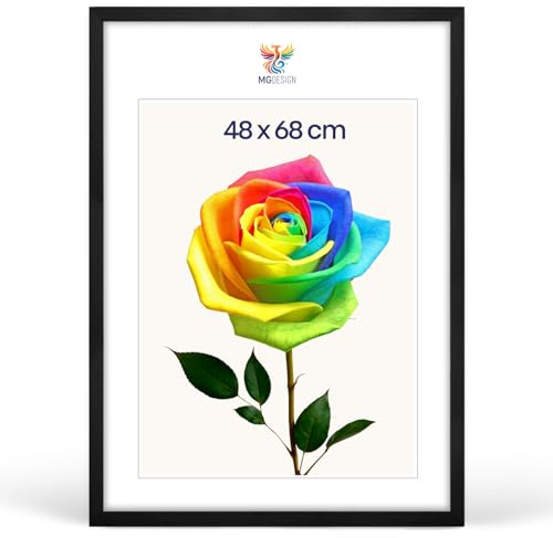 MG Design Bilderrahmen 48 x 68 cm – Posterrahmen mit Schwarz Holzrahmen (Echtholz) und bruchsicherem Acrylglas, Hoch & Quer mit stabiler Wandaufhängung