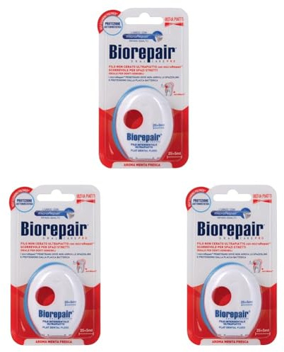 Biorepair, Filo Interdentale Cerato Ultrapiatto 30mt, Ideale per Spazi Stretti, con MicroRepair che Proteggono dalla Placca Batterica, Inibisce la Crescita Batterica Fino al 90%, per Igiene Orale