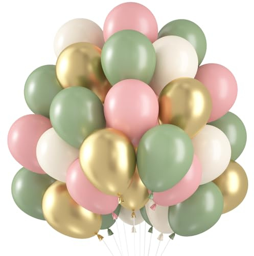 Ballons Rosa Grün, 60 Stück Luftballons Salbeigrün Rosa Pastell, Luftballons Grün Gold Rosa Set, Sage Grün Pink Weiß Metallic Gold Ballons für Dschungel Safari Geburtstag Babyparty Hochzeit Deko