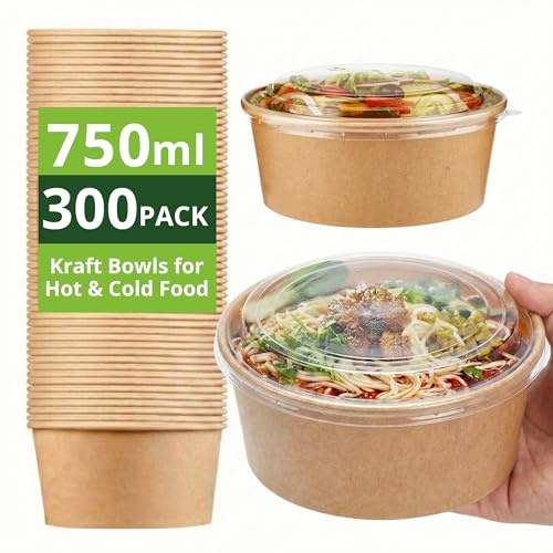 Ask Packaging 300 x 750ml Kraft Salad Paper Bowls with Lids – Takeaway Containers for Hot & Cold Food – Leak-Resistant Soup Bowls – Disposable Food Containers for Restaurants & Meal Prep