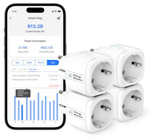 Meross Enchufe Inteligente WiFi con Medición de Consumo y Temporizador, 16A | Tomada Inteligente Compatible con Alexa y Google Home, Control Remoto por APP & Voz, Ahorro Energético, Bluetooth, 4 Pack