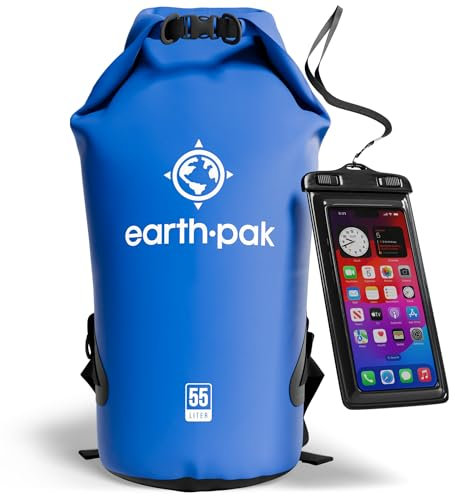 Earth Pak – Wasserdichter Packsack mit Schultergurt und wasserfester Handyhülle – Ideale Rolltop Tasche beim Kajak Fahren, Wandern, Camping, Angeln, Bootfahren und Rafting (Blau, 55L)