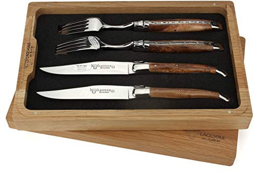 Laguiole en Aubrac - 2 Steakmesser und 2 Gabel Besteck-Set - Griff alte Weinrebe - Original Frankreich mit Zertifikat