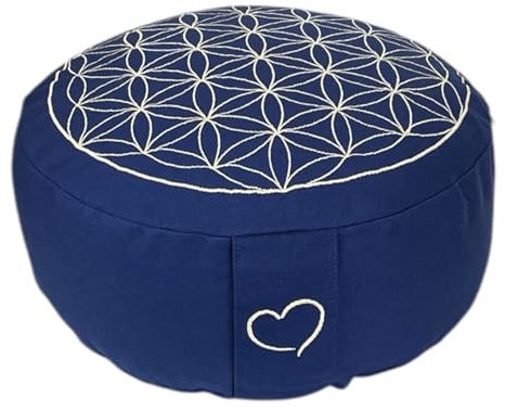 maylow Yoga mit Herz Yogakissen Meditationskissen Stickerei Blume des Lebens 33x15 cm für Anfänger und Geübte Bio-Dinkelspelz Füllung Bezug und Inlett Baumwolle waschbar (blau/light golden)