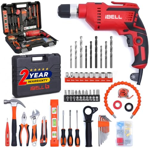 IBELL Kit de herramientas profesionales con taladro de impacto TD13-100, 650 W, armadura de cobre, portabrocas automático sin llave de 13 mm, 115 herramientas Rojo