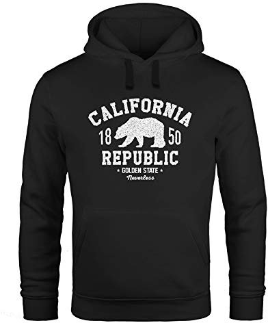 Neverless® Hoodie Herren California Republic Kalifornien Grizzly Bär Bear Aufdruck Print Kapuzen-Pullover Männer schwarz M