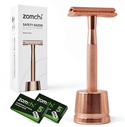 ZOMCHI Rasierhobel-Set für Damen & Herren inkl. Ständer & 10 Klingen | Zero Waste, plastikfrei & nachhaltig | Metall-Safety-Razor | Roségold