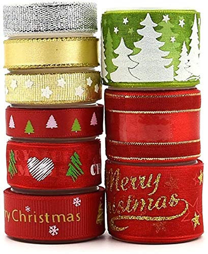 9 Rollos Cintas de Navidad Tela Decoración Manualidades Cintas Lazos Embalaje Regalo Cajas Flores Arbol Navidad Fiestas Casa Roja Dorada Verde Blanco navideña Ribbon Strap Trim Hair Band Costura