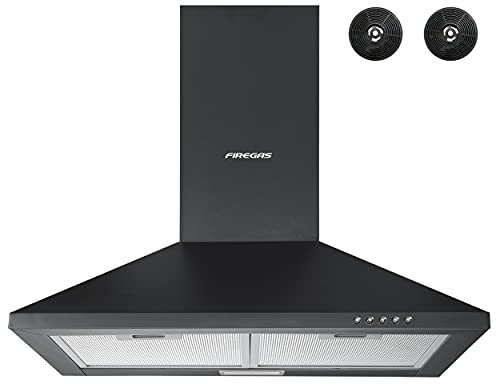 FIREGAS Black Chimney Cooker Hood 60cm with Carbon Filters Stainless Steel Wall Mounted Extractor Hood Recirculating & Ducting Extractor Fan Black Cooker Hood