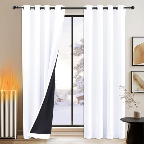 PONY DANCE Vorhang Weiß Blickdicht Ösenvorhang 2er Set H 200 x B 140 cm Doppellagige und Lichtundurchlässige Gardinen für Schlafzimmer Schwere Vorhänge gegen Hitze Thermovorhang