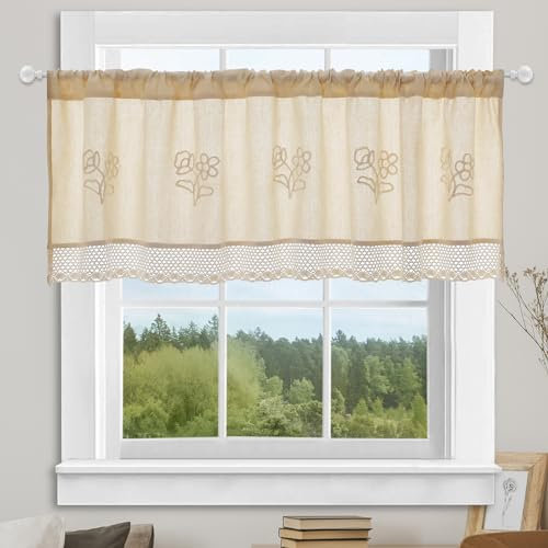 choicehot Kurzgardinen mit Häkelweben Spitze Baumwolle-Leinen für Küche - Beige Bistrogardine Landhausstil Scheibengardine Verdunkelungs Fenstervorhang 30x145cm