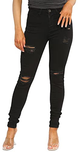 989Zé ENZO EZL417 Womens Jeans Skinny Stretch Ripped Trousers Ladies Denim Slim Fit Pants with Rips Waist Sizes UK 8-20 (16, Black)