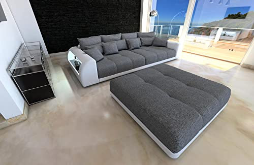 Big Sofa Miami Hugo mit USB Anschluss und LED-Beleuchtung wahlweise mit Hocker/Leder/Strukturstoff/Zierkissen (mit großen Hocker, Weiß-Hugo 5)