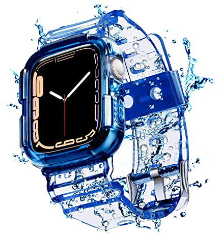 Blingbrione Funda transparente con correa compatible con Apple Watch de 45 mm, 38 mm, 40 mm, 41 mm, 42 mm, 44 mm, para mujeres, hombres y niñas, correa de silicona suave transparente con funda para