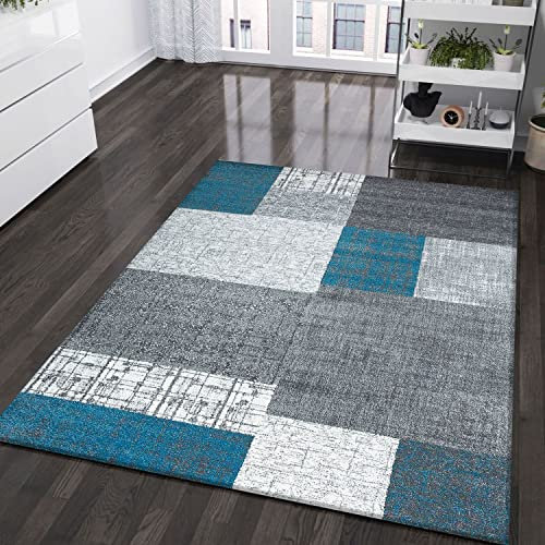 Designer Teppich Kurzflor mit Kachel Optik in Gelb Türkis Lila Grau oder Beige, Farbe:Turkis, Maße:140x200 cm