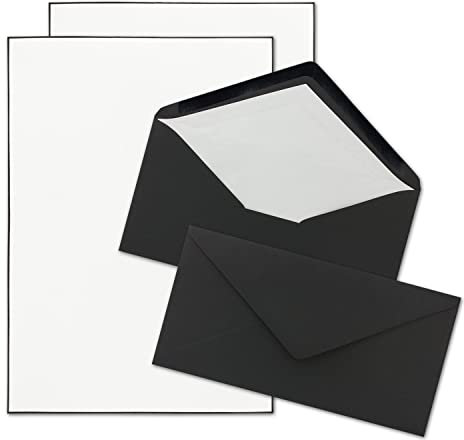 25x Trauerpapier Sets DIN A4 mit schwarzen Umschlägen, weiß gefüttert - Briefpapier mit handgemachtem schwarzen Rand - Briefpapier für Kondolenz