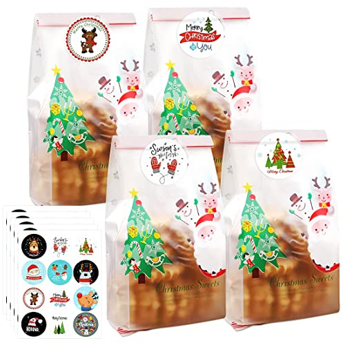 Weihnachten Cellophantüten, 50 Stück Plätzchentüten, Kekse, Siegel Aufkleber, Bodenbeutel für Plätzchen und Süßigkeiten