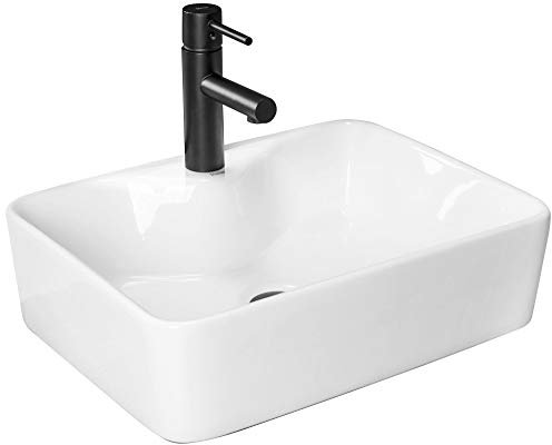 Rea Aufsatzwaschbecken Kelly Waschtisch Handwaschbecken Waschschale Waschbecken für Badezimmer aus hochwertiger Keramik 490 mm x 380 mm x 135 mm (weiß)