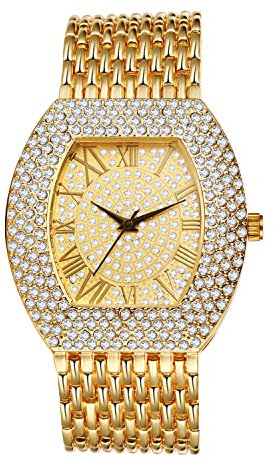 JewelryWe Uhren Damen Herren Analog Quarz Armbanduhr Elegant Rechteckige Strass Glitzer Uhr mit Breitem Metall-Armband und Werkzeug Gold