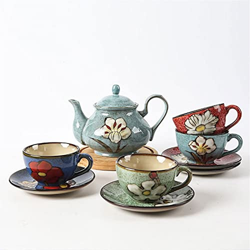 Taza de café Retro Pintado a Mano Horno Esmaltado Cerámica Taza de café y Juego de platillos Caja de Regalo Una Olla Cuatro Tazas Cuatro Tazas Taza de café Taza de té Reg