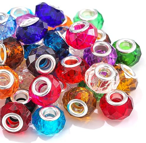 Guoxin Cuentas de agujero grande de cristal de Murano facetado europeo facetado, cuentas sueltas chapadas en plata, dijes de núcleos para manualidades, pulseras, fabricación de joyas, 50 piezas mixtas