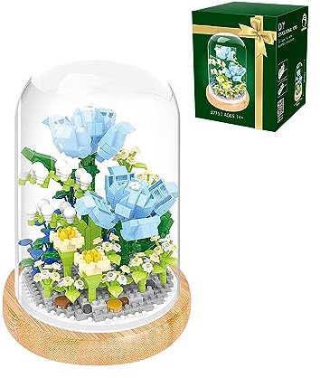 Fivtsme Blumen Bausteine Set, Rose Unsterblicher Blumenstrauß Baustein mit Schutzhülle, Kunstpflanzen Bausteine für Erwachsene, Geschenk für Mama Freundin, Nicht Kompatibel mit Andere Marken(Blau)