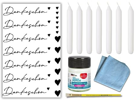 Bastelset Kerzenfolie/Kerzentattoo Dankeschön 7x Stabkerzen, Überzugslack, Wasserschiebefolie DIY Geschenke zum selber machen Mitbringsel