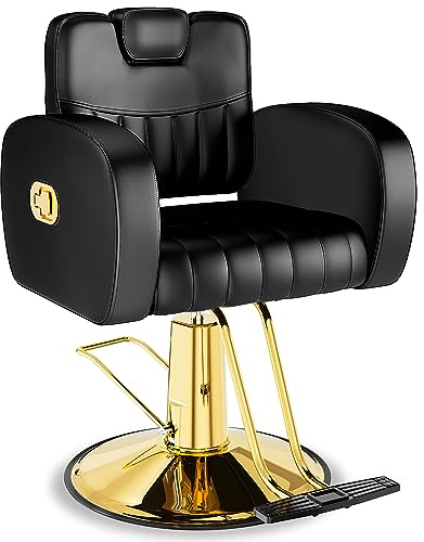 Baasha Reclining Salon Chair for Hair Stylist, 440 lbs Hydraulic Barber Chair with 135° Reclining Backrest, Removable Headrest, 360° Swivel, All Purpose Styling Chair, Black Gold