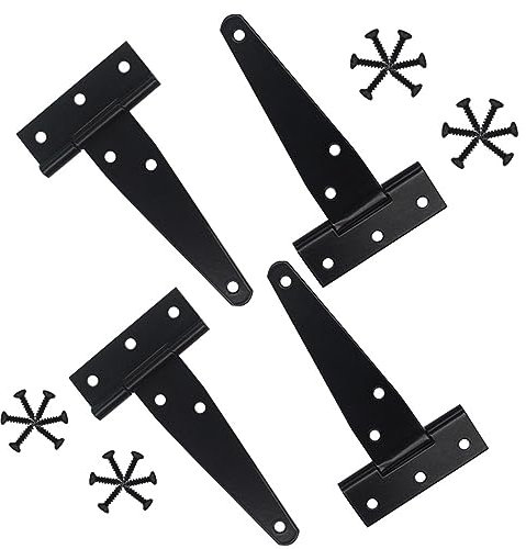 4 Pack T-Strap Shed Door Hinges Gate Strap Hinges Black Tee Hinge Wrought Hardware for Wood Shed Barn Door Fence Gate Swing Yard Door (4 Inch)