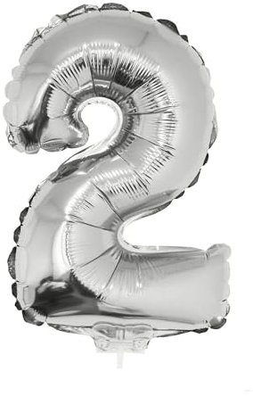 PARTY DISCOUNT NEU Mini-Folienballon am Papierstäbchen, Zahl 2, Silber, ca. 40cm
