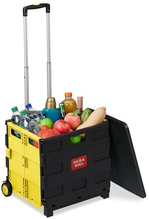 Relaxdays Einkaufstrolley klappbar, bis 35 kg, 50 l Kiste, mit Teleskopgriff, 2 Rollen, Transport Trolley, gelb/schwarz