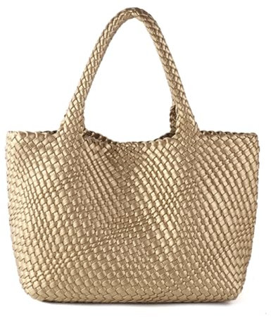 Jinyisong Gewebte Tasche für Damen, veganes Leder, handgewebte Tragetaschen mit Geldbörse, Shopper Tasche, große Schultertasche, Gold, Large