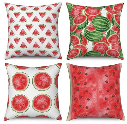 ASDCXZ Sommer Kissenbezug 40x40 cm 4er Set, Sommer Obst Rot Grün Wassermelone Weiß Sofa Dekokissen Kissenbezüge Kissenhülle Waschbar Polyester Flachs Textil Outdoor Kopfkissenbezug Kissen Bezug