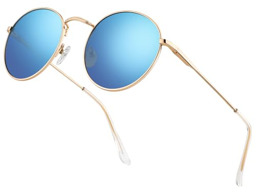 HENGOSEN Polarisierte runde Sonnenbrille für Herren: Retro-Kreis-Sonnenbrille für Männer und Frauen, Metall-Sonnenbrille, Hippie, Reisen, Autofahren, 06-Gold/Blau, M