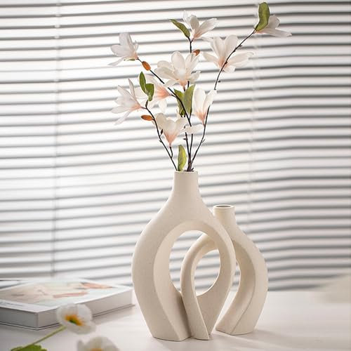 Keramik Vase, SUKIYPO Aufgewertet 2er Set Hohle Beige Moderne Vasen für Nordisches, Groß Vasen Deko, ästhetische Boho Blumenvasen für Zuhause, Wohnzimmer, Büro, Bauernhaus, Couchtisch Dekoration