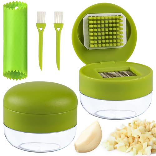2 Pcs Garlic Press Stainless Steel, Garlic Mincer Crusher with Peeler and Cleaning Brush, Garlic Chopper Mini Kitchen Tool