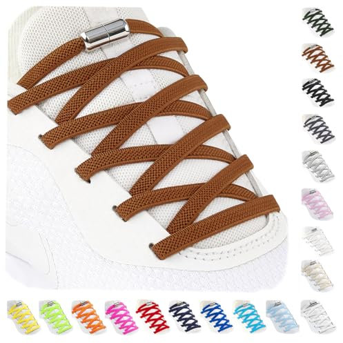 Stepace 2 Pares Cordones Elásticos con Cerradura de Metal, Cordones Ajustables sin Atar para niños y Adultos, Cordones de Zapatos Sin Nudos para Zapatillas Deportivas Marrón