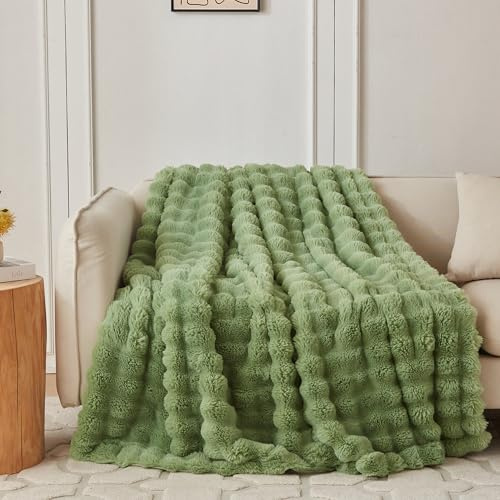 COOVA Überwurfdecke aus Kaninchenfell und Flanell, luxuriös, Flauschige und gemütliche, weiche Decke für alle Jahreszeiten, atmungsaktiv und bequem für Bett, Sofa, Couch und Camping, Hellgrün