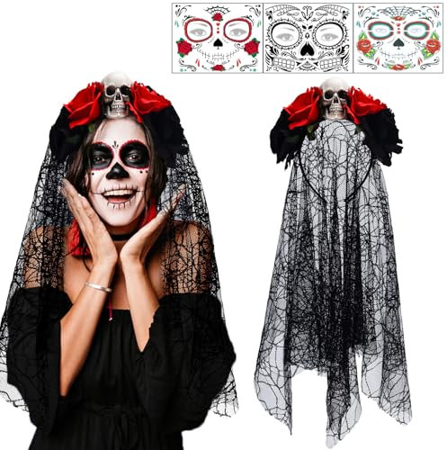 IWTBNOA Tag der Toten Haarreif Halloween, Schleier Haarband Mit 3 PCS Gesicht Tattoos, Mexikanische Rose Stirnband, Totenkopf, Day of The Dead für Damen