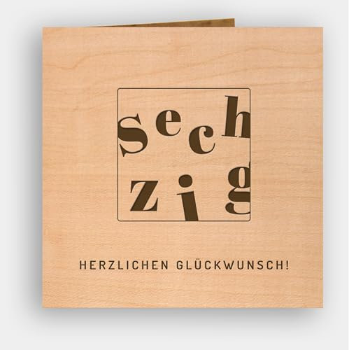 Original Holzgrusskarte - Geburtstagskarte für besondere Glückwünsche zum Geburtstag – sechzig - Kirschholz, Geburtstagsbillet, Glückwunschkarte, Postkarte, Geschenkkarte (sechzig)