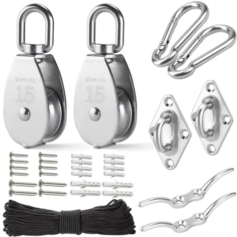 Hopbucan M15 Stainless Steel Pulley System Kit-Heavy-Duty Pulley Wheel, Pulley Block with Nylon Rope 4MM, Hooks, Plate Easy Install (2 Pack)