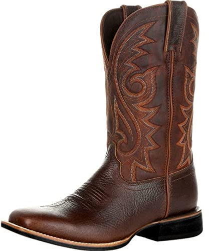 Stivali da cowboy da uomo per donne e uomini, larghi polpacci, vestibilità larga, in pelle marrone e nera, stivali da cowboy piatti in stile retrò, Marrone, 43 EU