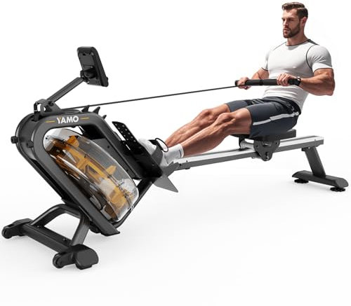 YAMO Wasserrudergerät für Zuhause, 16L Wassertank Rudergerät mit 6 Wasserwiderständen, LCD-Display, Bluetooth & Kinomap, 158kg Kapazität, leise Rudermaschine YR40 Gelb