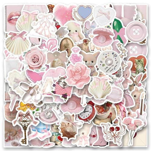 TELAIN 120 Stück Aufkleber, Ästhetisches Sticker-Set mit Rosa Schleifen, Stuff Y2K Sticker für Wasserflaschen, Frauen, Erwachsene, Kinder, Wasserdichte Vinyl-Abziehbilder
