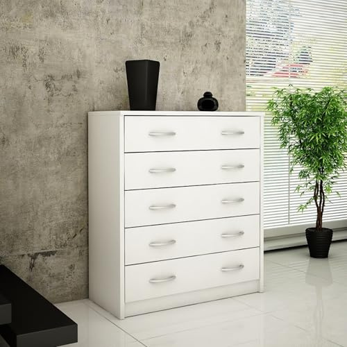 Home Collective Kommode mit 5 Schubladen mit Matter Oberfläche, Kommode 74cm breit Holz Schrank Kommode mit Schubladen Sideboard Highboard Anrichte Schlafzimmer Wohnzimmer Flur Büro Organizer Weiß